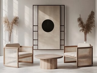 Poster - Interior design featuring modern chairs and a round table in a bright room with minimalist art and pampas grass