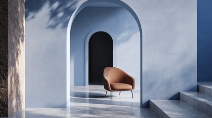 Fototapete - Modern Interior with Arches and Chair in Minimalist Style Architecture with Natural Light and Shadows in Blue Tones