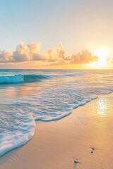 Poster - Serene beach at sunset with gentle waves washing ashore in a tropical paradise aerial view