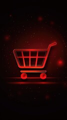 Poster - Glowing Red Shopping Cart Icon on Dark Background with Sparkling Particles for Online Retail
