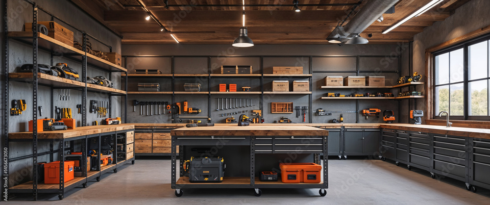 Modern well equipped workshop with tools on display and a large ...