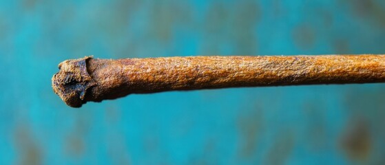 Poster - Macro Shot of a Twig End Against a Blue Background, Close Up Detail of Wood Texture, Natural Brown Color and Rough Surface, Outdoor Nature Photography