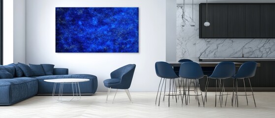 Aufkleber - Modern Interior with Blue Accents and Abstract Art in a Bright Open Space Design Concept