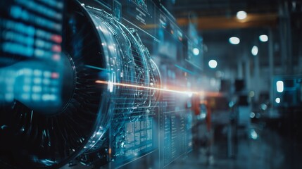 A high-tech manufacturing facility features a futuristic digital display of a jet engine, highlighting cutting-edge technology and engineering