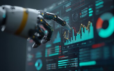 A technology concept photo shows a robotic finger pointing to digital data charts, highlighting the use of AI technology in business intelligence systems for marketing strategy development and