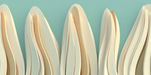 Abstract fluid ripples in a wavy pattern on a gradient turquoise and beige background are showcased in a bird's eye view to form a surreal organic art wallpaper
