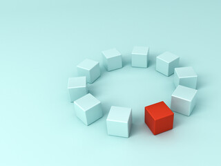 Poster - Stand out from the crowd and different concept One strange red cube square box among other light blue boxes forming circle isolated on light blue green pastel color background with shadow 3D rendering