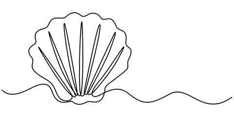 One continuous single-line drawing of a seashell. One-line art of beauty product pearl minimalist, Pearl in a seashell one line art drawing, Continuous abstract one line drawing of sea shell icon. 
