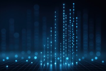 A glowing digital bar chart with blue light dots and lines on a dark grid background, representing data visualization and technology.