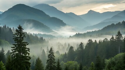  Serene Mountain Landscape with Dense Evergreen Forests, Rolling Hills, and Misty Valleys Under a Cloudy Sky in a Mystical Tranquil Setting