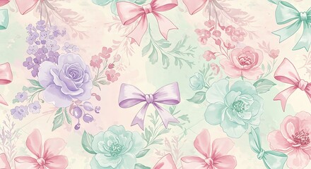  Floral Pattern with Pastel Roses and Bows Watercolor Style