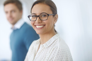 Poster - Happy, portrait and businesswoman in office for leadership and colleagues for career. Female designer, face and smile with pride in creative agency or company for startup, confidence or staff