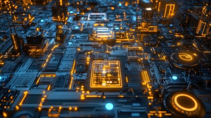 Complex computer motherboard with glowing elements. Futuristic technology, artificial intelligence, data processing, and digital network concepts in blue and orange tones.