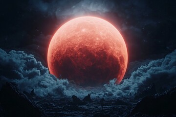 Wall Mural - dramatic blood moon rising over dark rocky seascape at night