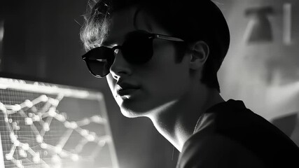 Focused Programmer Analyzing Complex Data Network on Computer Screen at Night