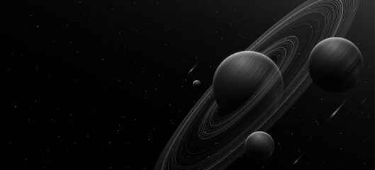 Wall Mural - cosmic science background. abstract planet saturn with ring around and swirling other planets. night