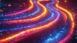 © Neon Stock - Ultra quality image of 3d render, abstract background. Curvy neon ribbon with glowing lights. Telecommunication and internet technology concept. Data transfer metaphor. Particles.