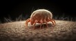 © Kawarina - Extreme Close Up of a Translucent Brown Dust Mite with Segmented Body Tiny Eyes and Slender Legs Crawling on Textured Fiber Surface with Dark Gradient Background Under Soft Lighting