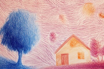 Poster - Colorful Child Sketch Showcasing a House, a Tree, and a Bright Sun in Crayon Textures, Evoking a Dreamy Atmosphere With Vibrant Colors Generative AI