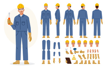 Wall Mural - technician worker wearing helmet, overall uniform, protective goggles. character constructor for ani