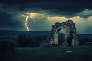 Wall Mural - A stormy night over the antique ruins, a dramatic lightning display illuminating the sky behind a stone arch.