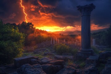 Wall Mural - Lightning strikes over ancient ruins at sunset, with a lone column standing tall.