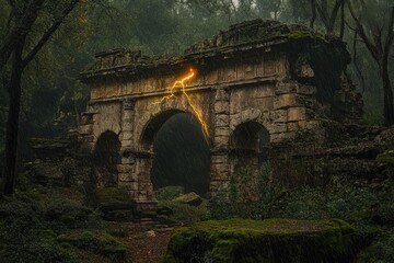 Wall Mural - Ancient stone archway overtaken by moss struck by a dramatic bolt of lightning during a rainstorm.