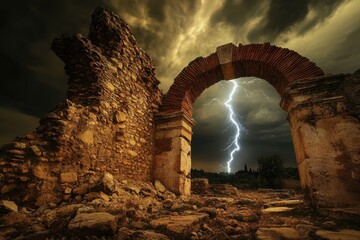 Wall Mural - Dramatic lightning illuminates the ruins of an old stone archway under a stormy, cloudy sky at dusk.