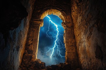 Wall Mural - Dramatic view of lightning streaking across the sky, framed by the weathered archway of an ancient stone ruin.
