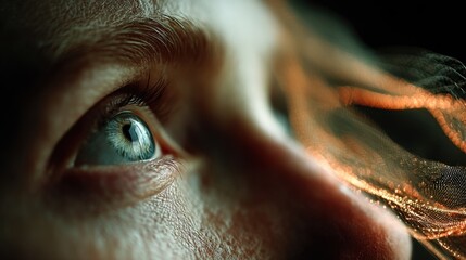 technology style whit net glowing wave,glowing line glow wave,glow line , mature woman eyes.stock image