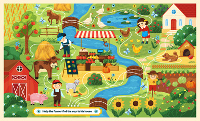 farm maze. kid puzzle game with labyrinth, find animal on map. cute garden activity, countryside way
