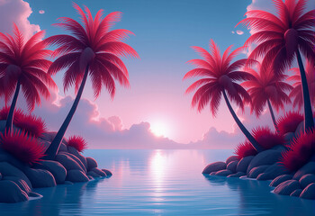 Wall Mural - Tropical sunset with palm trees and water in the islands, a vibrant purple sky, pink clouds, and a reflection on the sea surface - an exotic,generative AI