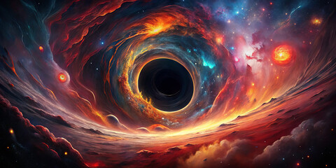 Wall Mural - a captivating black hole is at the center of swirling cosmic colors and patterns. vibrant nebulae an