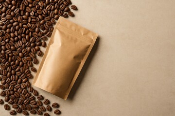 Poster - Coffee Beans Spilling From a Brown Bag on a Beige Surface Creating an Inviting Atmosphere for Coffee Lovers Generative AI
