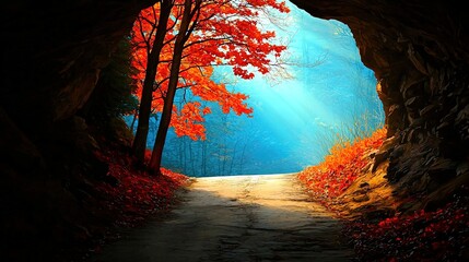 Wall Mural - a path through a cave, illuminated by autumnal colors.