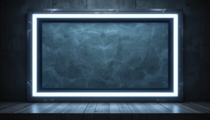 Wall Mural - empty illuminated picture frame on wooden surface.