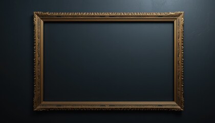 Wall Mural - empty ornate gold picture frame against dark backdrop.