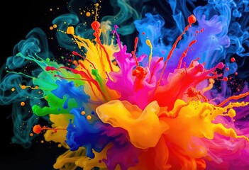 Wall Mural - Vibrant rainbow paint splatters explode within swirling smoke flames, abstract, kaleidoscope