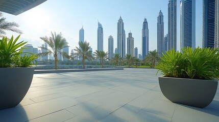 Wall Mural - modern cityscape with palm trees and city skyline in the background.