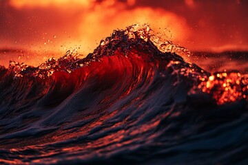 Wall Mural - fiery sunset illuminates a powerful ocean wave, backlit, showcasing texture and movement.