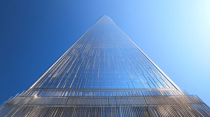 Wall Mural - low-angle view of a modern skyscraper reaching towards a clear blue sky.