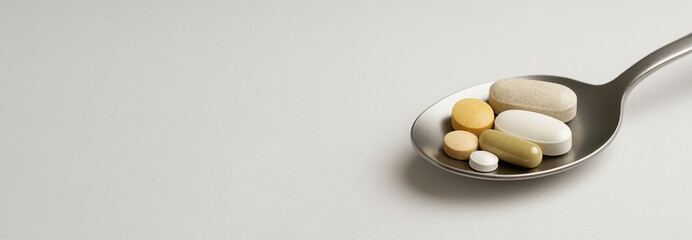 Aufkleber - Variety of Dietary Supplements and Vitamins Displayed on a Stainless Steel Spoon Against a Neutral Background Generative AI