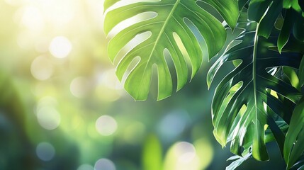 Wall Mural - lush green tropical leaves backlit by sunlight, creating a bokeh effect.