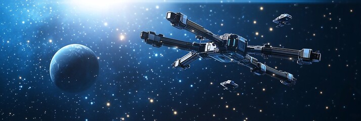 Wall Mural - spaceship flying past a planet in a starry expanse.