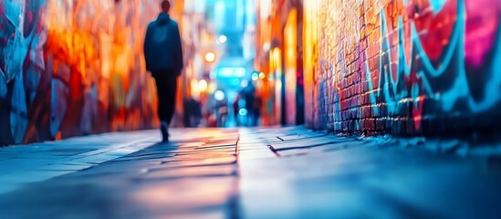 Wall Mural - person walking down a graffiti-covered alleyway at night.