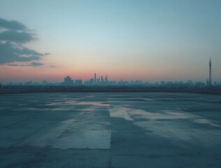 Wall Mural - city skyline at sunset viewed from empty rooftop.