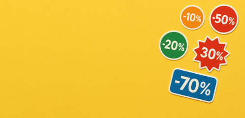 Aufkleber - Discount Stickers in Various Shapes and Colors on a Bright Yellow Background for Promotional Sale Event Decorations Generative AI