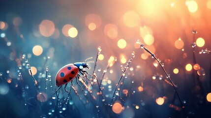 Wall Mural - Stunning macro shot of a ladybug perched on dewy grass with enchanting dreamy bokeh background