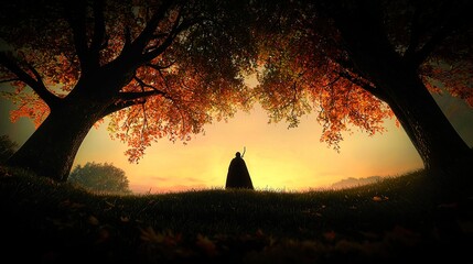 Wall Mural - silhouette of a figure in autumnal woods at sunrise.