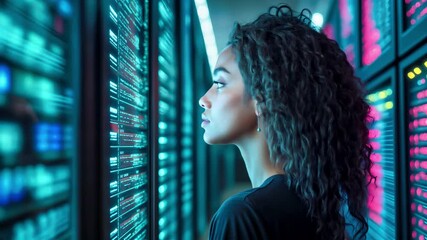 Female tech professional with curly hair examines server code in neon illuminated datacenter. Programmer stands in profile with determined concentration amid digital hardware systems. Cybersecurity